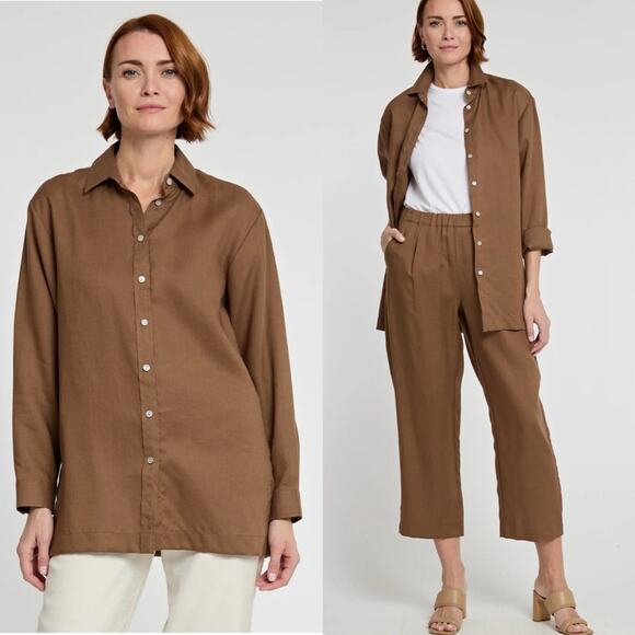 Hinson Wu Nadia Long Sleve linen tunic Caramel Sz S Lagenlook coastal luxury - Picture 1 of 10